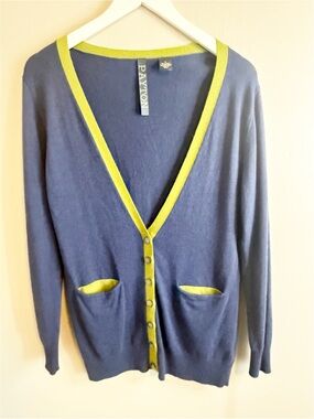 PAYTON Women’s Blue V-Neck Grandpa Cardigan Green Piping Details Pockets Size S